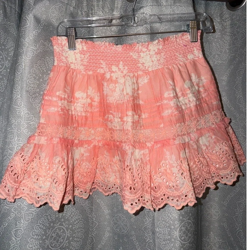 LoveShackFancy Jimena Coral Pink‎ Floral Smocked Eyelet Ruffle Mini Skirt Small